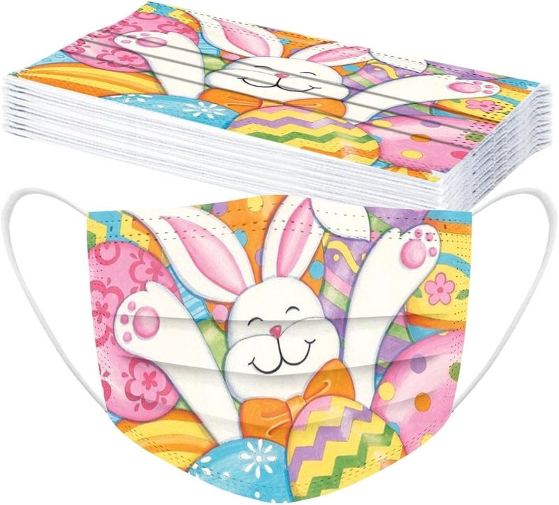 woobles Easter Disposable Face Masks for Adults Women,50Pc Rabbit Printed Designs Paper Face Mask 3 Ply Protection Breathable 5 - Image 1