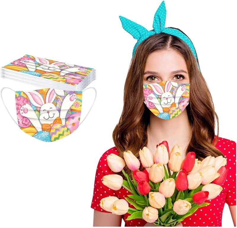 woobles Easter Disposable Face Masks for Adults Women,50Pc Rabbit Printed Designs Paper Face Mask 3 Ply Protection Breathable 5 - Image 2