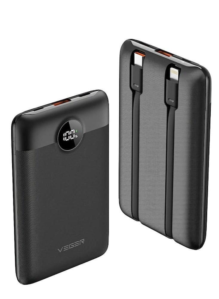 VEGER Power Bank 10000mAh and Built-in 2 Cables and LED Screen Compatible with all Devices Black - Image 1