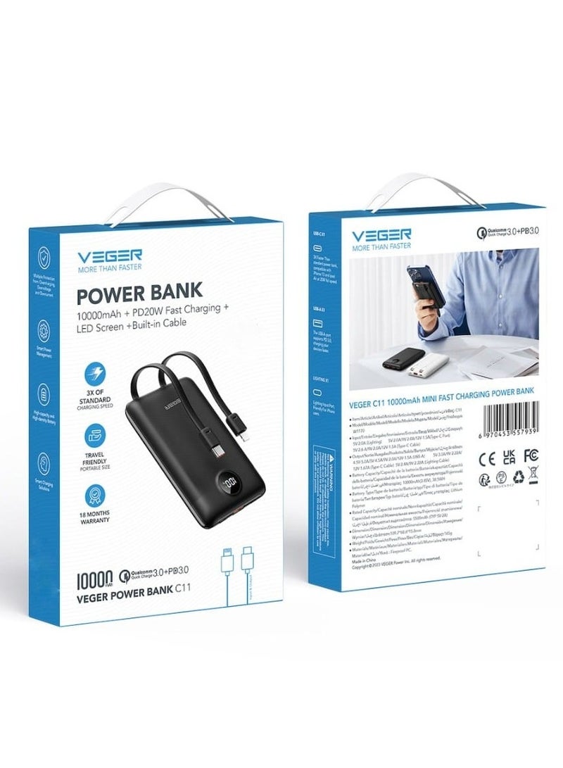 VEGER Power Bank 10000mAh and Built-in 2 Cables and LED Screen Compatible with all Devices Black - Image 4