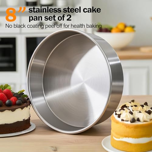 Fcgbdbz 8 Inch Cake Pan Set of 2 Stainless Steel Baking Pan Round Cake Mold for Layered Cakes No Coating Smash Cake Pans Cake Mold Mirror Finish Dishwasher Safe Cake Pans Sets for Baking - Image 3