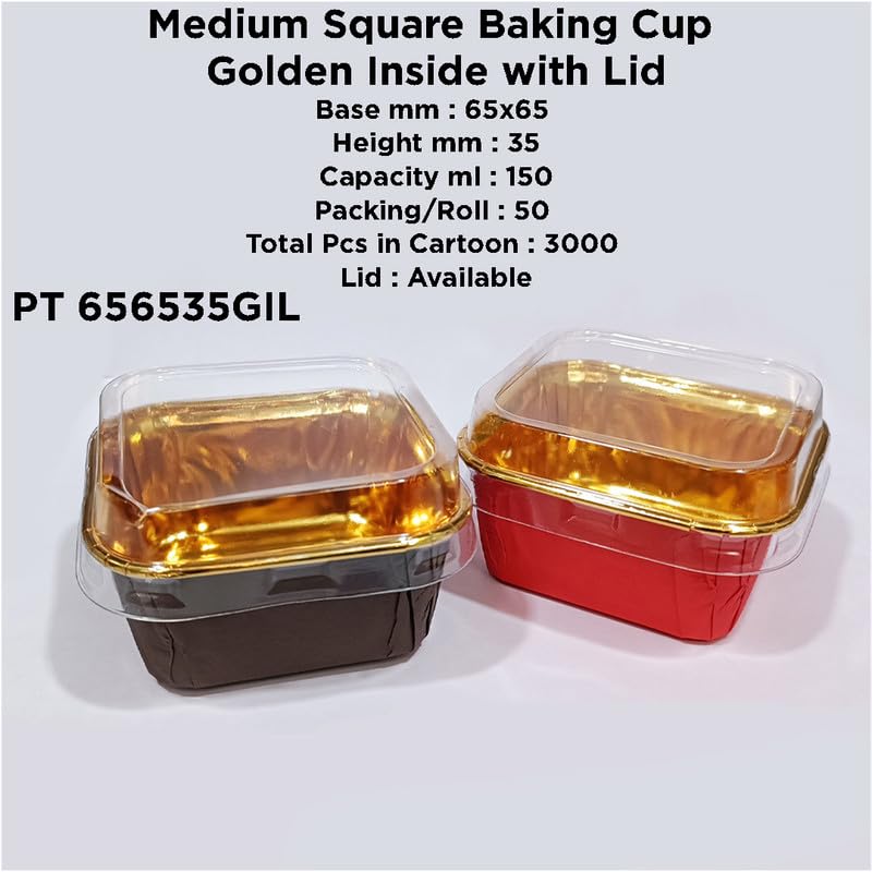 PUSHTI TUSHTI Medium Square Baking Cupcake Paper Mould 100gm Golden Foil Inside Decorative Muffin Cups Oven Microwave Safe Baking Paper 65 x 35mm With Lid Pack of 50pcs - Image 2