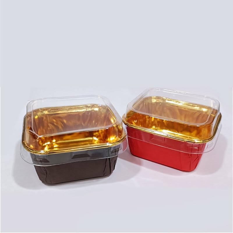 PUSHTI TUSHTI Medium Square Baking Cupcake Paper Mould 100gm Golden Foil Inside Decorative Muffin Cups Oven Microwave Safe Baking Paper 65 x 35mm With Lid Pack of 50pcs - Image 1