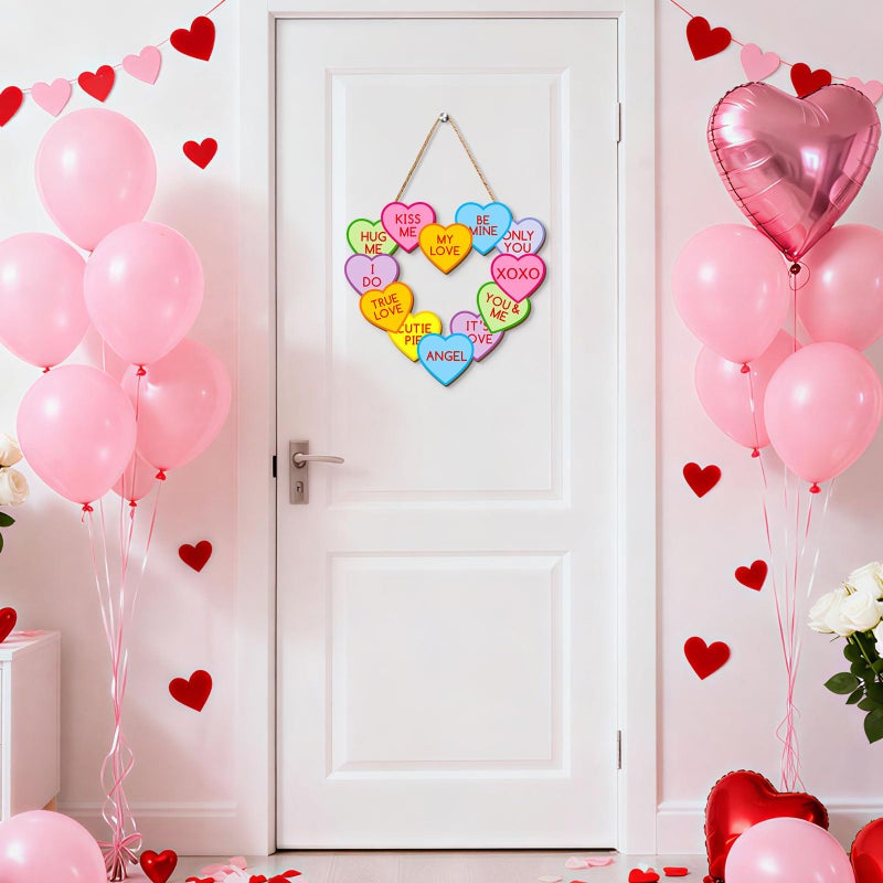 Whaline Valentine's Day Wooden Hanging Sign Conversation Heart Welcome Wood Sign Colorful Heart Door Decor Signs for Indoor Outdoor Porch Wall - Image 3