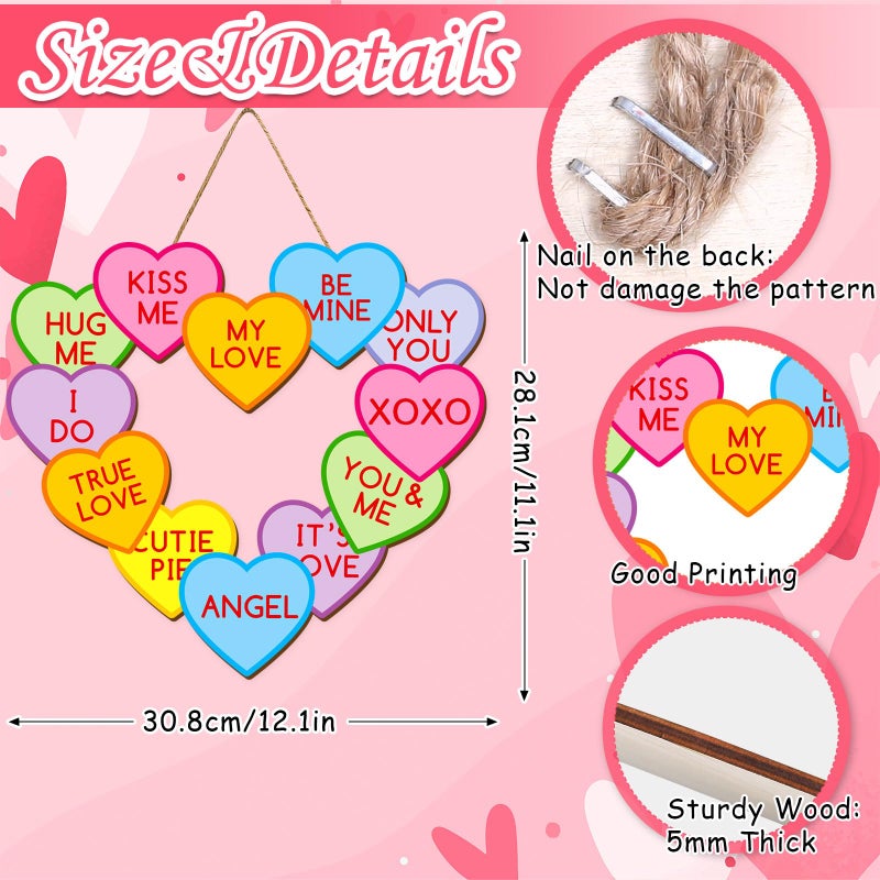 Whaline Valentine's Day Wooden Hanging Sign Conversation Heart Welcome Wood Sign Colorful Heart Door Decor Signs for Indoor Outdoor Porch Wall - Image 2