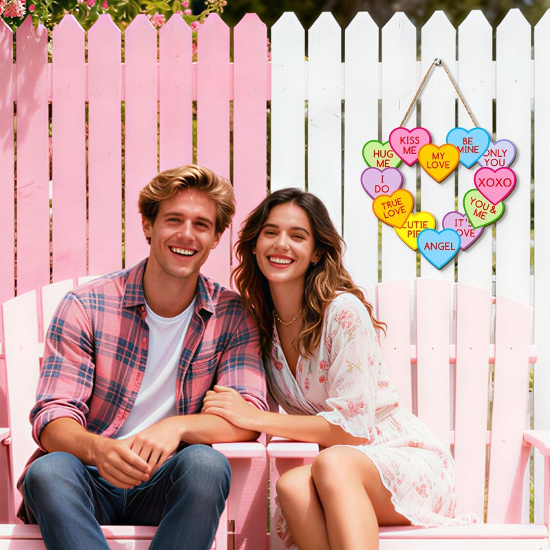 Whaline Valentine's Day Wooden Hanging Sign Conversation Heart Welcome Wood Sign Colorful Heart Door Decor Signs for Indoor Outdoor Porch Wall - Image 5