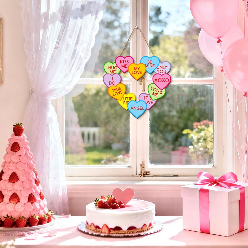 Whaline Valentine's Day Wooden Hanging Sign Conversation Heart Welcome Wood Sign Colorful Heart Door Decor Signs for Indoor Outdoor Porch Wall - Image 4