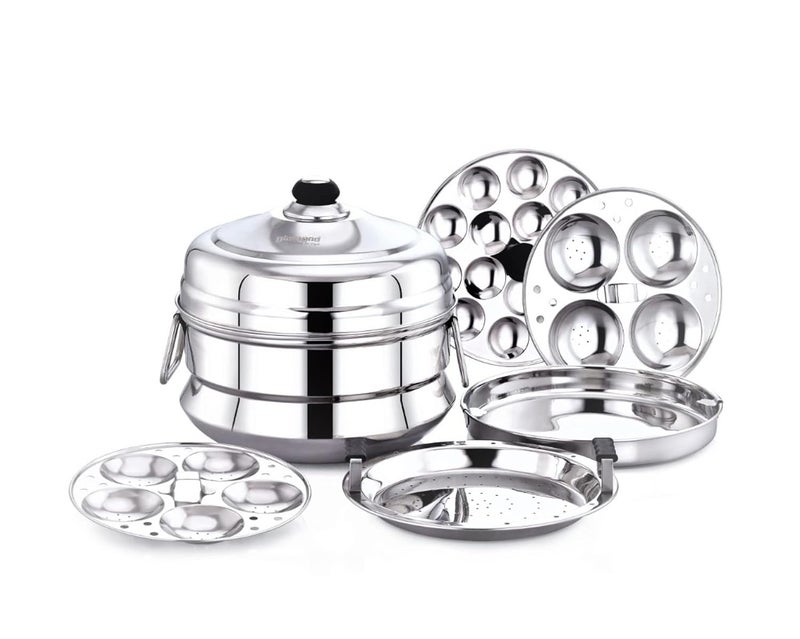 Diamond Diamond Stainless Steel Multi-Steaming Induction Base With 2 Idli Plates (9 Idlies), 1 Mini Idli Plate (15 Idlies), 1 Dhokla Plate, 1 Steamer Plate (Small), 3.70 Litres - Image 1