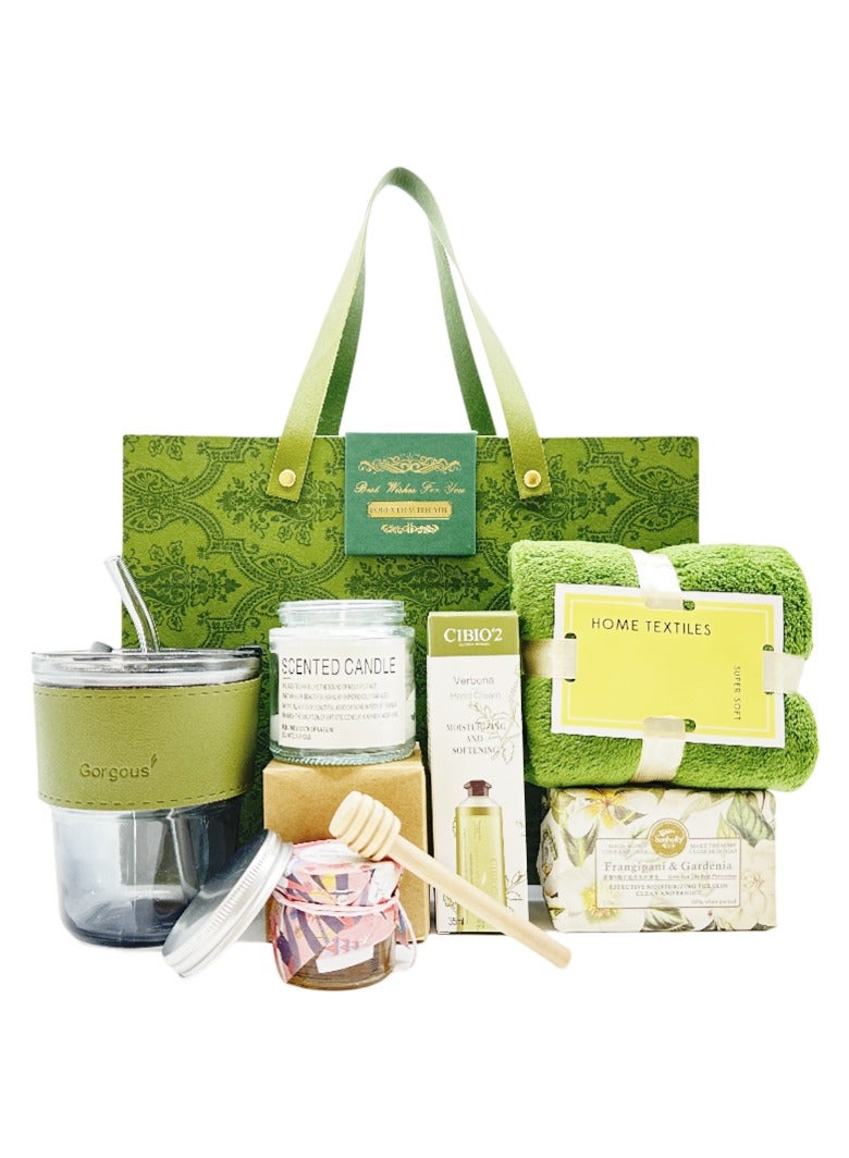 ARNOTEC Luxury Green Spa Gift Set for Women with Aromatherapy Candle, Honey, Hand Cream, Soap, Glass Tumbler & Towel | Birthday, Mother's Day, Anniversary, Christmas & Valentine's Gift - Image 3