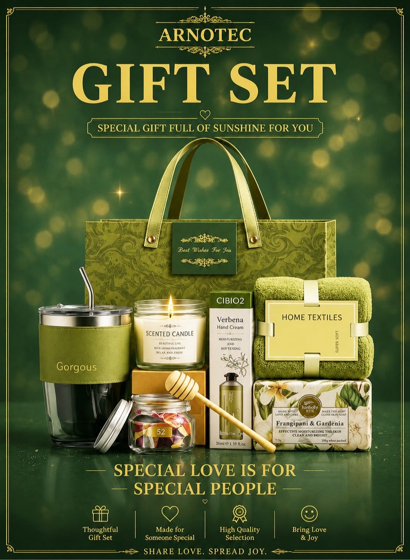 ARNOTEC Luxury Green Spa Gift Set for Women with Aromatherapy Candle, Honey, Hand Cream, Soap, Glass Tumbler & Towel | Birthday, Mother's Day, Anniversary, Christmas & Valentine's Gift - Image 1