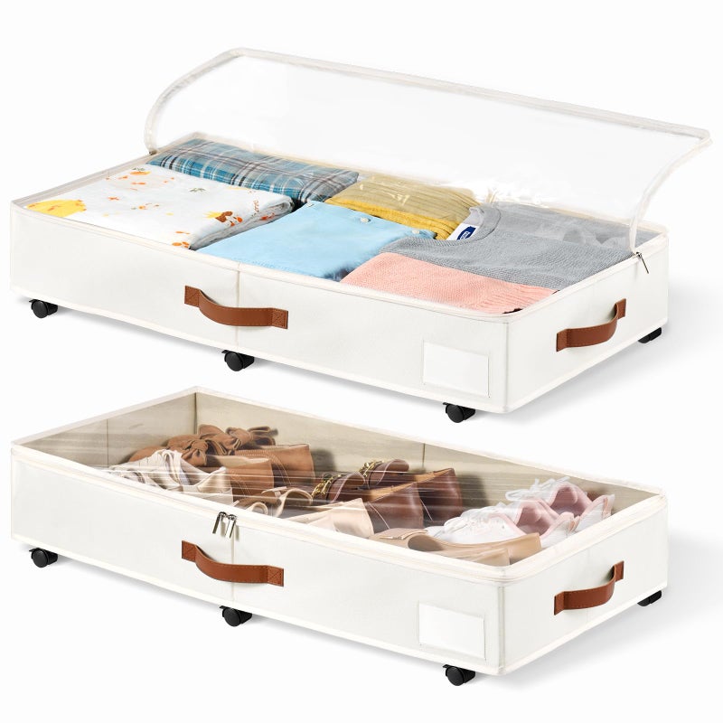 KitHero 6 Inches Under Bed Storage with Wheels Pack of 2, Underbed Shoe Storage Container Bin with Clear Lid Cover, Rolling Under Bed Drawer Storage Bag Basket for Shoe Organizer Sheet Sweater - White - Image 1