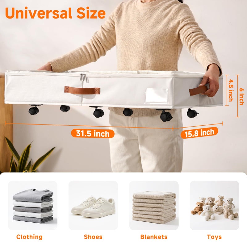 KitHero 6 Inches Under Bed Storage with Wheels Pack of 2, Underbed Shoe Storage Container Bin with Clear Lid Cover, Rolling Under Bed Drawer Storage Bag Basket for Shoe Organizer Sheet Sweater - White - Image 2