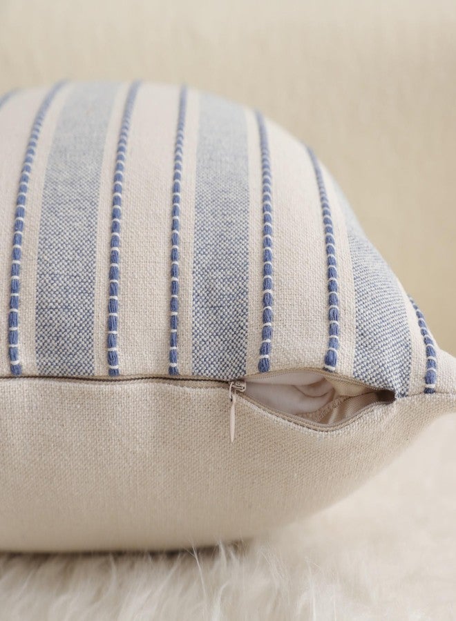 Cethom Decorative Boho Throw Pillow Covers, Farmhouse Textured Pillow Case, 20 x 20 Inch Set of 2, Chair Sofa Bedroom Living Room Home Decor Couch Cushion Case, Classic Blue and Beige Striped - Image 5