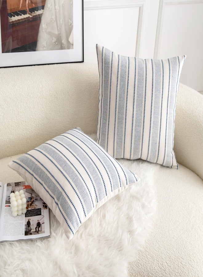 Cethom Decorative Boho Throw Pillow Covers, Farmhouse Textured Pillow Case, 20 x 20 Inch Set of 2, Chair Sofa Bedroom Living Room Home Decor Couch Cushion Case, Classic Blue and Beige Striped - Image 2