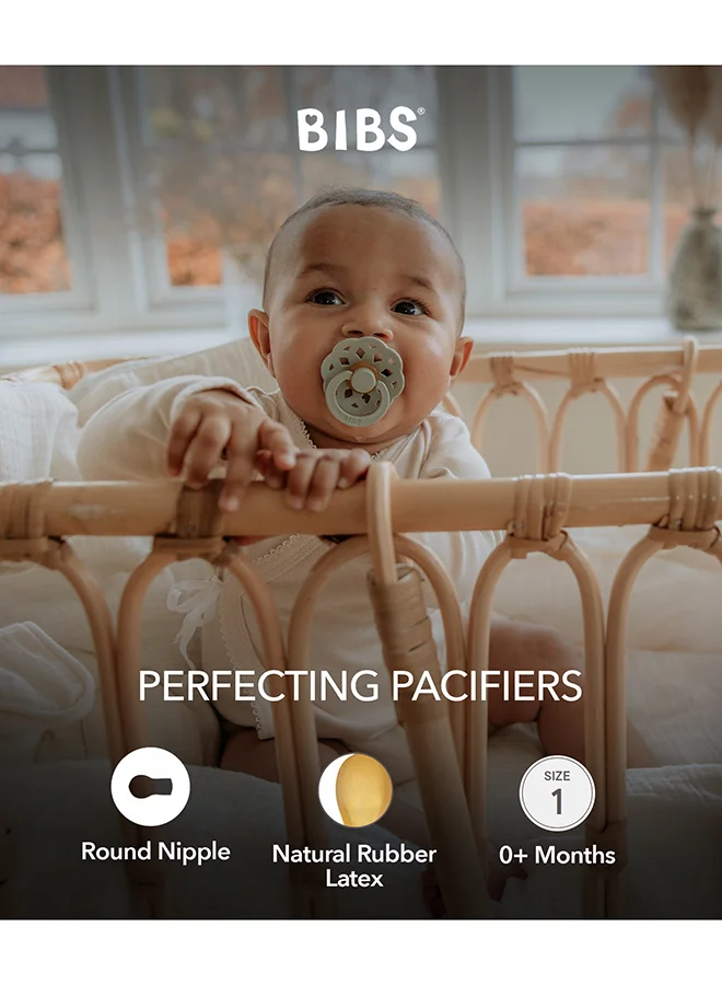 BIBS Baby Pacifier Boheme, Made with Natural Rubber Latex, Round Nipple, Mouth Skin Sensitive, Soft, Flexible, For Babies Aged Upto 6 Months, BPA-free, Ivory/ Sage Colour, Pack of 2, Size 1