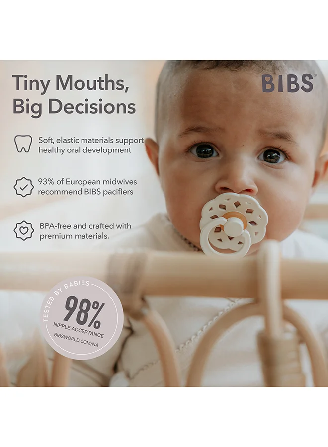 BIBS Baby Pacifier Boheme, Made with Natural Rubber Latex, Round Nipple, Mouth Skin Sensitive, Soft, Flexible, For Babies Aged Upto 6 Months, BPA-free, Ivory/ Sage Colour, Pack of 2, Size 1