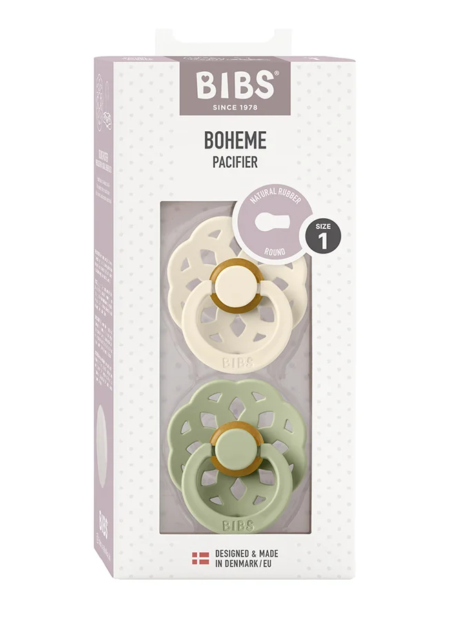 بيبس Baby Pacifier Boheme, Made with Natural Rubber Latex, Round Nipple, Mouth Skin Sensitive, Soft, Flexible, For Babies Aged Upto 6 Months, BPA-free, Ivory/ Sage Colour, Pack of 2, Size 1