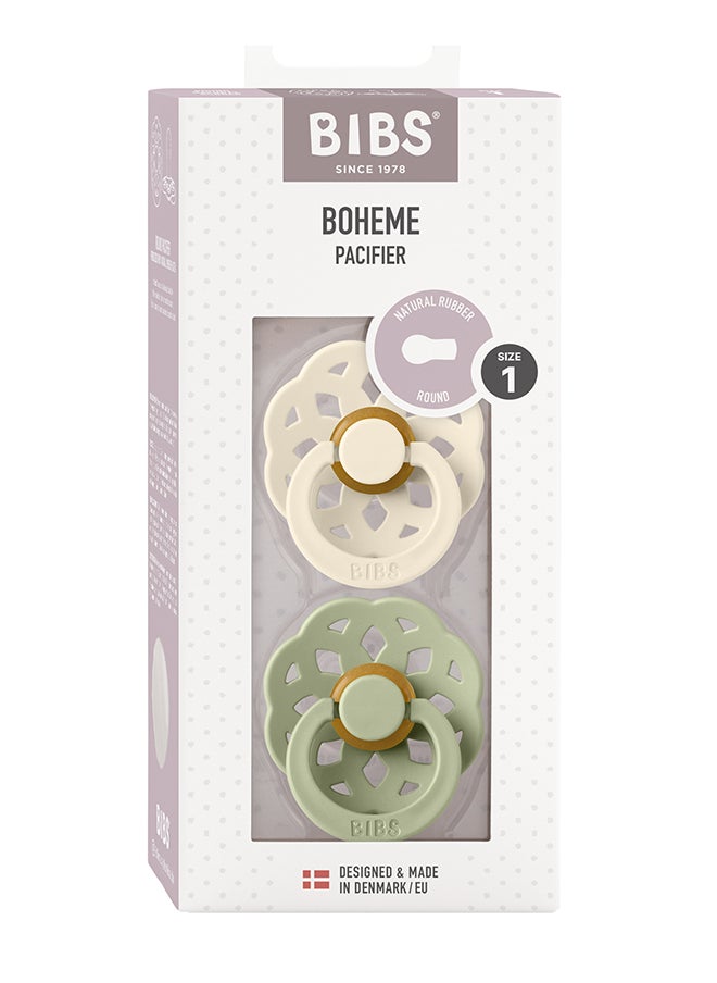 BIBS Baby Pacifier Boheme, Made with Natural Rubber Latex, Round Nipple, Mouth Skin Sensitive, Soft, Flexible, For Babies Aged Upto 6 Months, BPA-free, Ivory/ Sage Colour, Pack of 2, Size 1  - Image 2