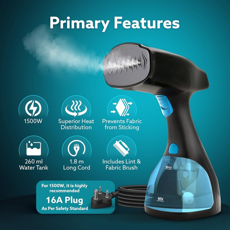 AGARO Signify Handheld Garment Steamer Wrinkle Remover Iron Fast Heat Ceramic Steam Nozzle 1500W 260 ML Water Tank Detachable Fabric Brush - Image 2