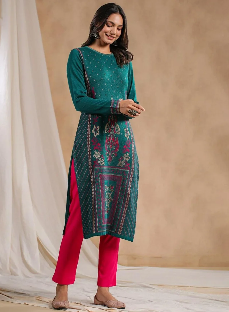 ISHIN Women's Green Polyester Blend Embellished Tunic Straight Fit Kurta