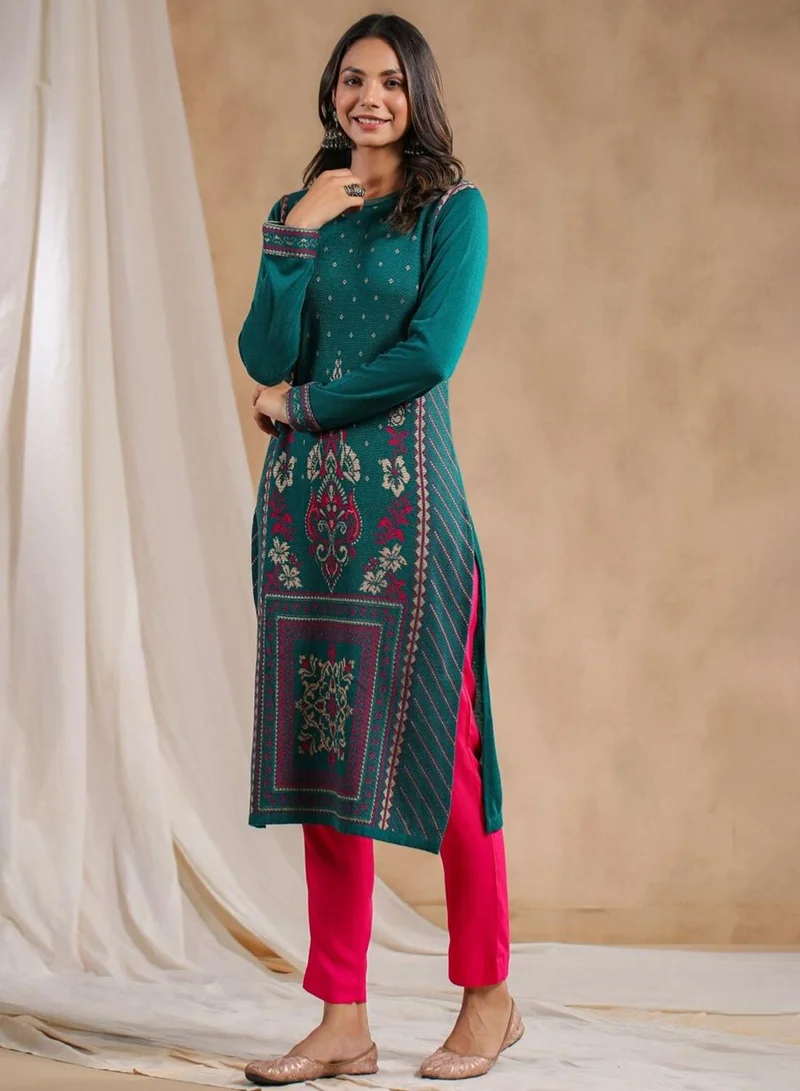 ISHIN Women's Green Polyester Blend Embellished Tunic Straight Fit Kurta