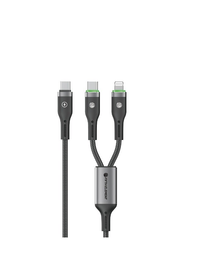 FIFTH ELEMENT SPLIT 1.2m 2-in-1 USB-C & Lightning 100W Fast Charging Nylon Cable with Smart Auto Power-Off – Black - Image 2