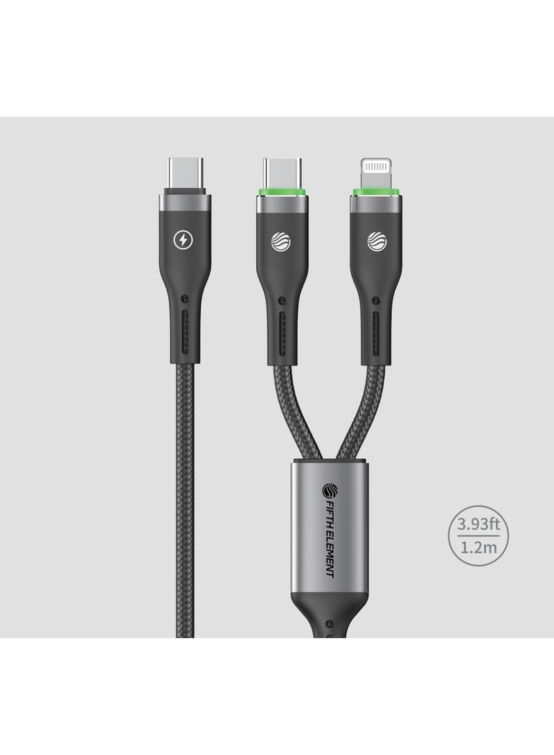 FIFTH ELEMENT SPLIT 1.2m 2-in-1 USB-C & Lightning 100W Fast Charging Nylon Cable with Smart Auto Power-Off – Black - Image 1