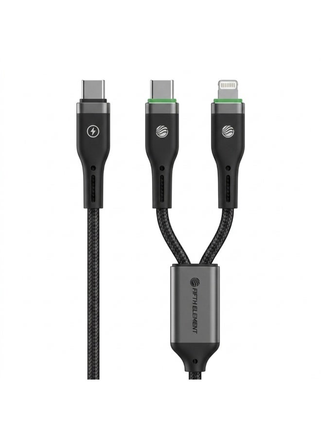 FIFTH ELEMENT SPLIT 1.2m 2-in-1 USB-C & Lightning 100W Fast Charging Nylon Cable with Smart Auto Power-Off – Black - Image 3