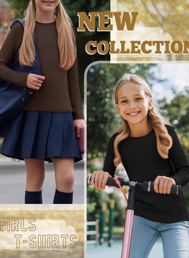 LessonZoo 3 Pack Girls Long Sleeve Shirts Ribbed Knit Cotton Layering Tops Slim Fit Crewneck Casual Undershirts, Black, White, Brown, 13-14 Years - Image 3