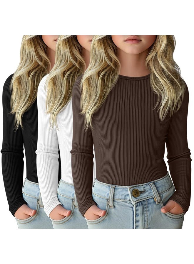 LessonZoo 3 Pack Girls Long Sleeve Shirts Ribbed Knit Cotton Layering Tops Slim Fit Crewneck Casual Undershirts, Black, White, Brown, 13-14 Years - Image 1