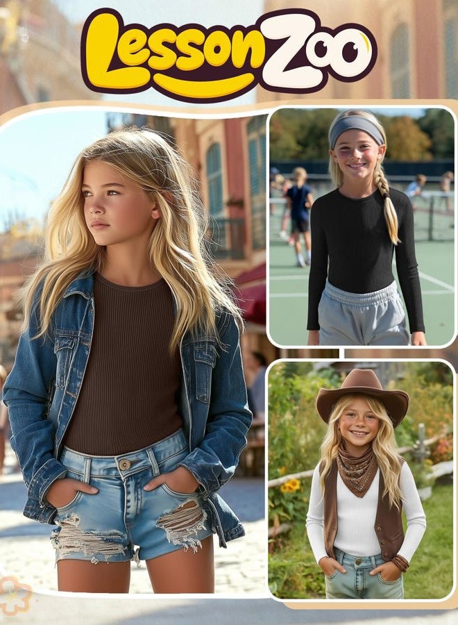 LessonZoo 3 Pack Girls Long Sleeve Shirts Ribbed Knit Cotton Layering Tops Slim Fit Crewneck Casual Undershirts, Black, White, Brown, 13-14 Years - Image 2