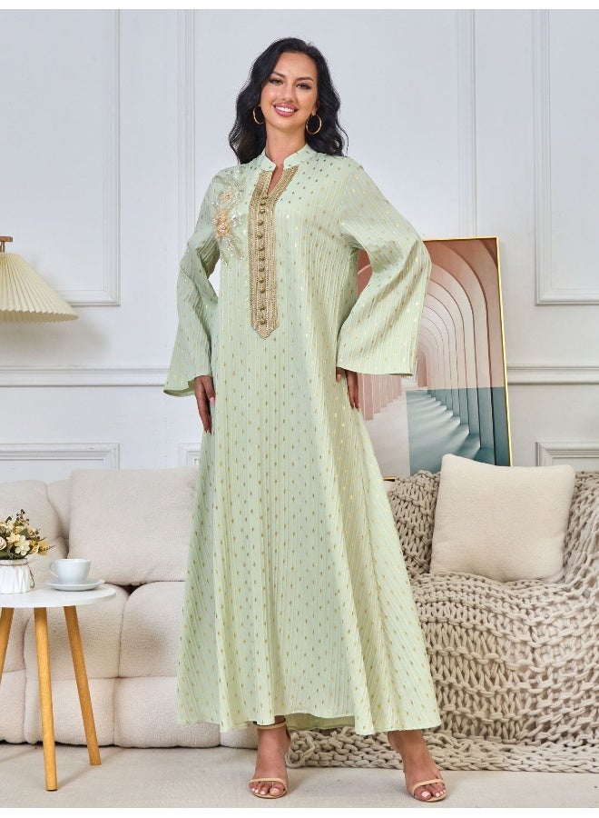 Madam Uniq Long Sleeve Vintage Muslim Dress with Gold Foil Beaded Collar - Retro Style Maxi Robe - Image 4