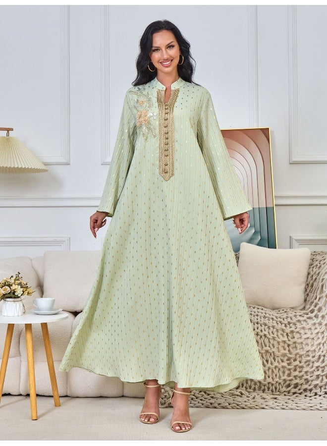 Madam Uniq Long Sleeve Vintage Muslim Dress with Gold Foil Beaded Collar - Retro Style Maxi Robe - Image 1