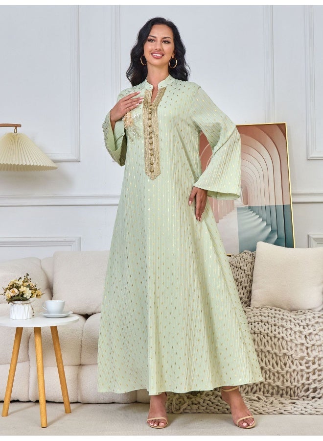 Madam Uniq Long Sleeve Vintage Muslim Dress with Gold Foil Beaded Collar - Retro Style Maxi Robe - Image 5