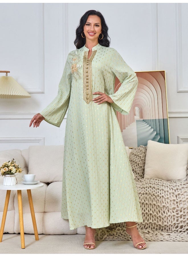 Madam Uniq Long Sleeve Vintage Muslim Dress with Gold Foil Beaded Collar - Retro Style Maxi Robe - Image 3