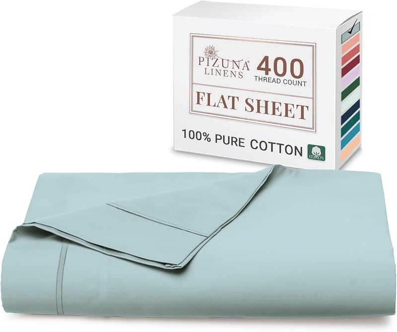 PIZUNA 100% Cotton Flat Bedsheet Double Bed 230x280 cm Baby Blue 1 PC, 400 Thread Count Luxurious Long Staple Cotton Sateen Weave Bed Sheet Baby Blue(ملاءة سرير مسطحة من القطن 100%) - Image 1