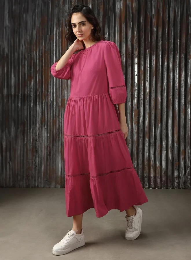 HIGH STAR  Puff Sleeve Fit & Flare Maxi Cotton With Lace Detail Dress for Women | Best Price UAE
