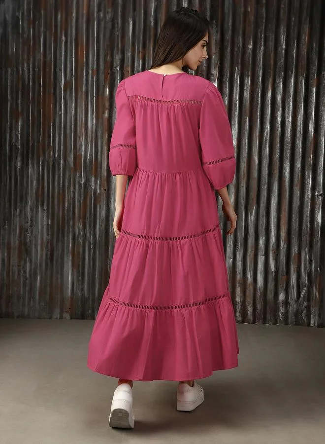 HIGH STAR  Puff Sleeve Fit & Flare Maxi Cotton With Lace Detail Dress for Women | Best Price UAE