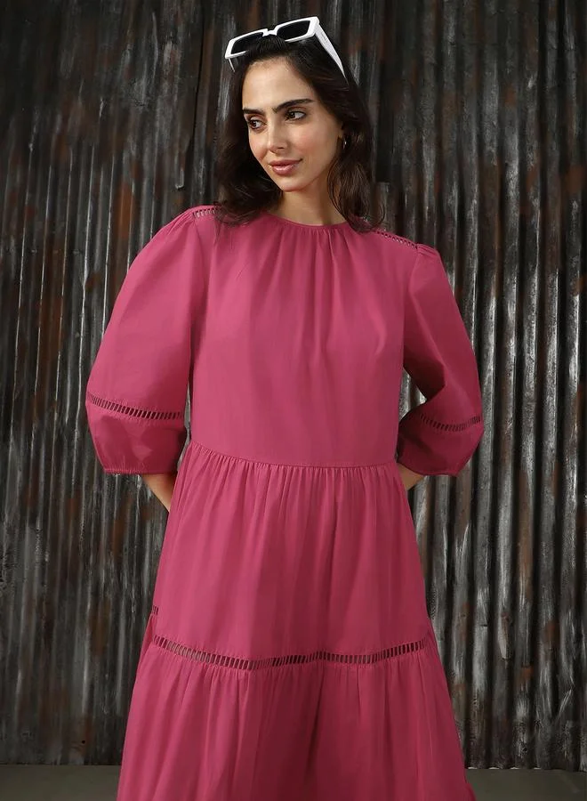 HIGH STAR  Puff Sleeve Fit & Flare Maxi Cotton With Lace Detail Dress for Women | Best Price UAE