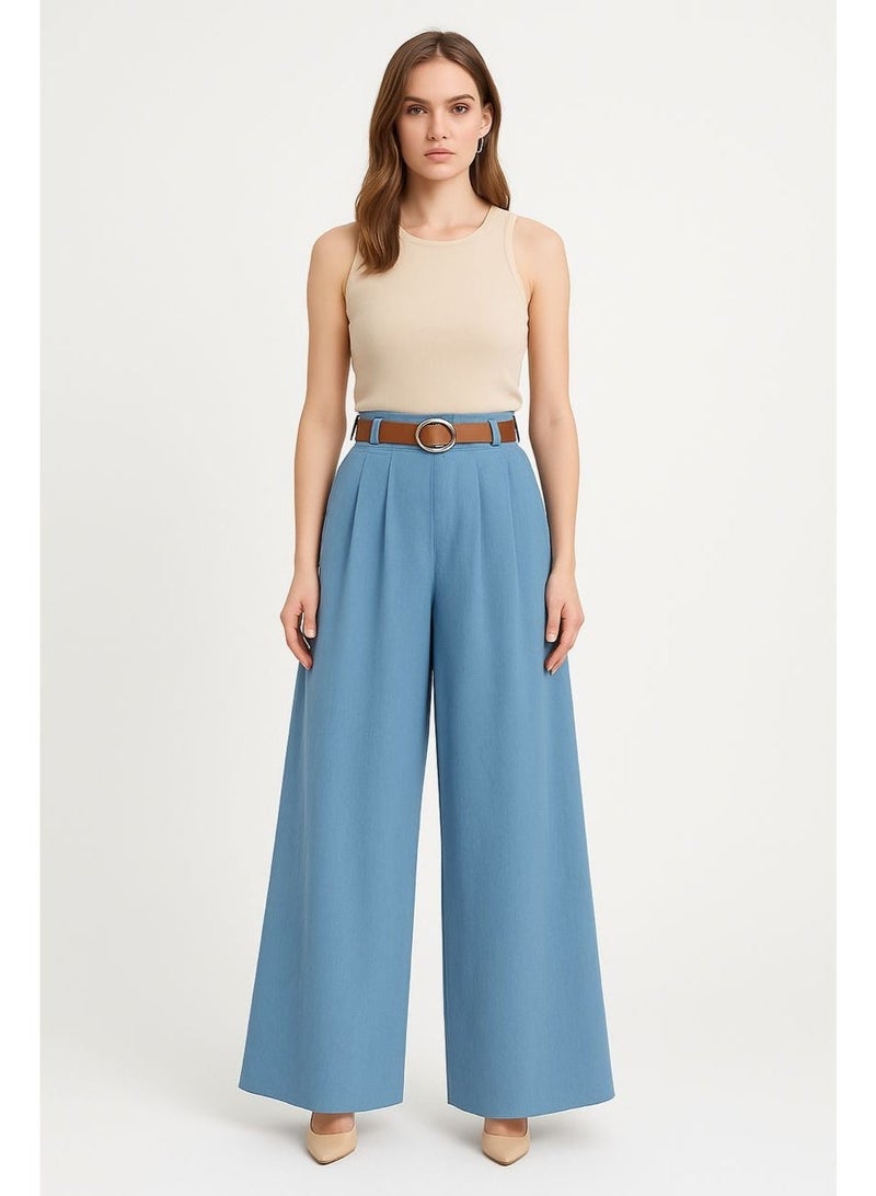 CHEVALIER FASHION Women’s High-Waisted Wide-Leg Pants with Belt – Light Blue - Image 1