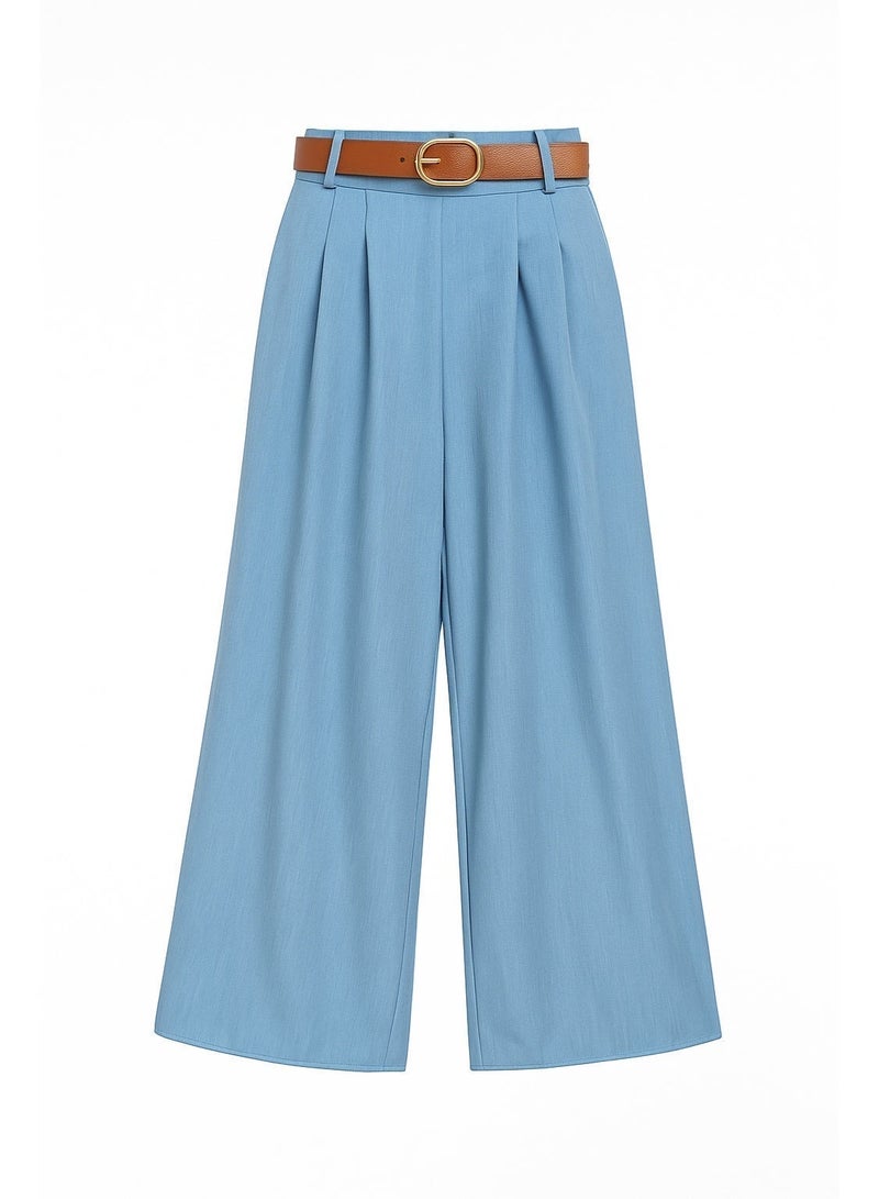 CHEVALIER FASHION Women’s High-Waisted Wide-Leg Pants with Belt – Light Blue - Image 3