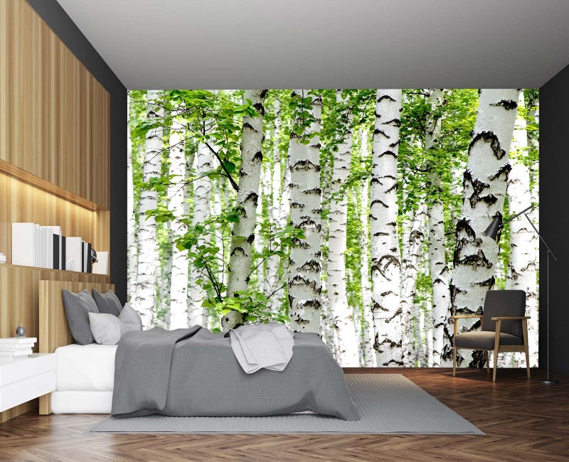 Cliouar-Photo Wallpaper Birch Forest Landscape Trees Poster Nature Lovers Green Forest Bedroom Decoration Mural 158"x110"(Not Self-Adhesive) - Image 1