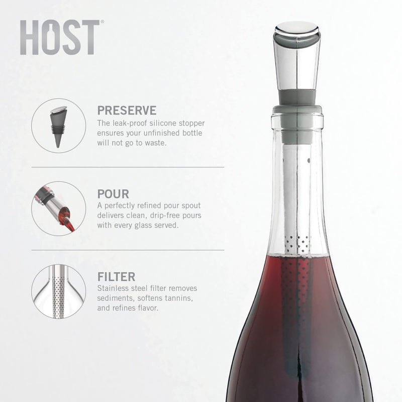 Host Host Filter Wine Pour Spout with Silicone Seal and Stopper, Stainless Steel Filter Pourer for Red or White Wine, Set of 1  - Image 2