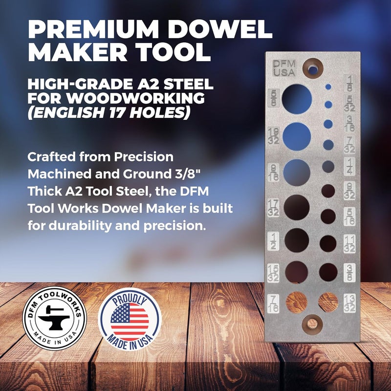 DFM Tool Works Doweling Tool - Premium Dowel Maker Tool, Versatile Dowel Plate, High-Grade A2 Steel for Woodworking, Made in USA - English 17 Holes, Multi-Size - Image 1