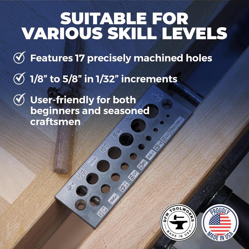 DFM Tool Works Doweling Tool - Premium Dowel Maker Tool, Versatile Dowel Plate, High-Grade A2 Steel for Woodworking, Made in USA - English 17 Holes, Multi-Size - Image 3