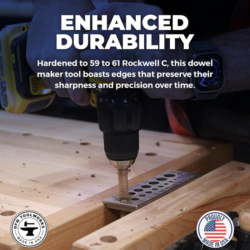 DFM Tool Works Doweling Tool - Premium Dowel Maker Tool, Versatile Dowel Plate, High-Grade A2 Steel for Woodworking, Made in USA - English 17 Holes, Multi-Size - Image 5