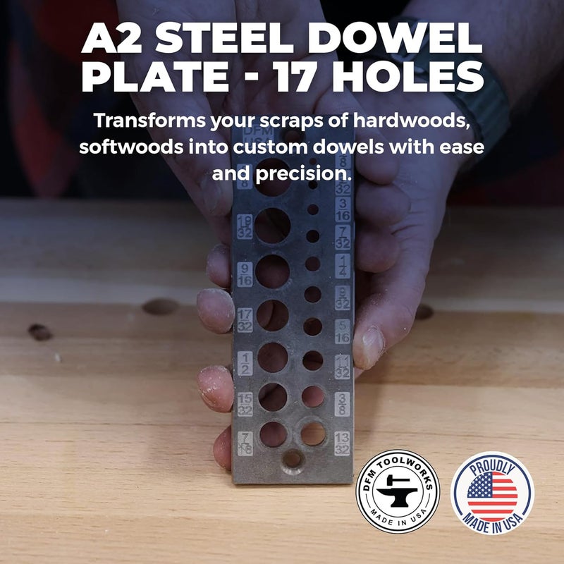 DFM Tool Works Doweling Tool - Premium Dowel Maker Tool, Versatile Dowel Plate, High-Grade A2 Steel for Woodworking, Made in USA - English 17 Holes, Multi-Size - Image 4