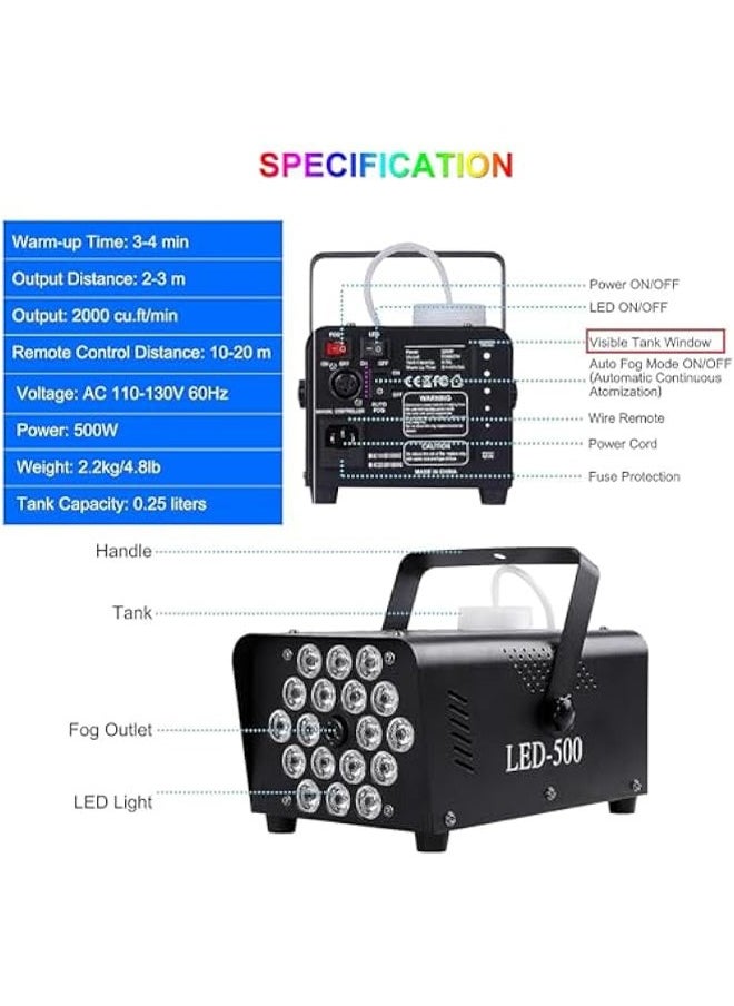 LEXIN Fog Machine with Light 18 LED  Machine Outdoor for Parties Wedding, 13 Colors  Machine Fog Indoor with 2 Wireless Remote Controls, 500W 2000CFM Outdoor Fog Machine, Suitable for Parties, Wedding, and DJ Stage, Indoor  - Image 5