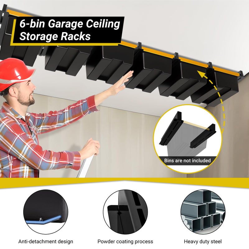 Eastrexon 6-bin Overhead Garage Storage Rack, Ceiling Storage Racks Heavy Duty, Powder Coated Tote Storage Rack for Garages, Sheds, Storerooms (7 PCS, for 6 Bins) - Image 3