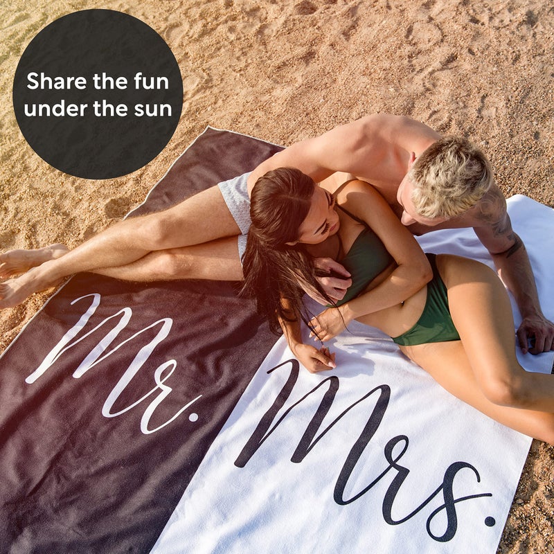 Ethisa Mr and Mrs Beach Towel - Honeymoon Just Married Towel For Beach - Wedding Gift for Newlywed Couple - Shareable Bride and Groom Towel Set - Thin Travel Friendly His and Her Beach Towel - 78"x59" - Image 2